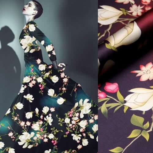 118CM Wide 19MM 93% Silk & 7% Spandex Orchid Print Dark Green Red Stretch Silk Satin Fabric for Summer Clothes Cheongsam D918