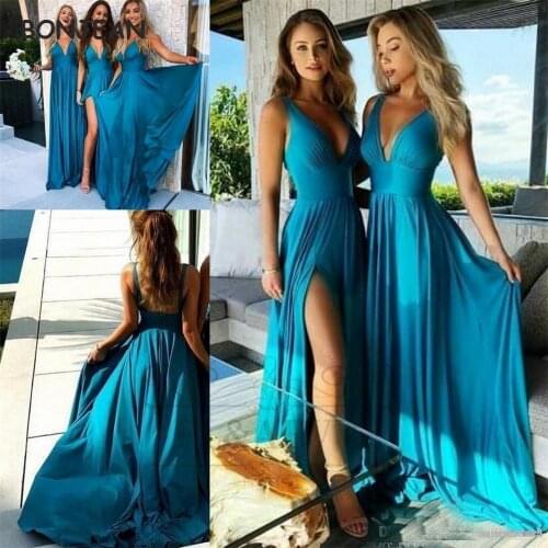 2021 African Blue Wedding Party Gowns Bridesmaid Dresses Long Side Slit Tank Chiffon Black Girls Bridesmaid Dress