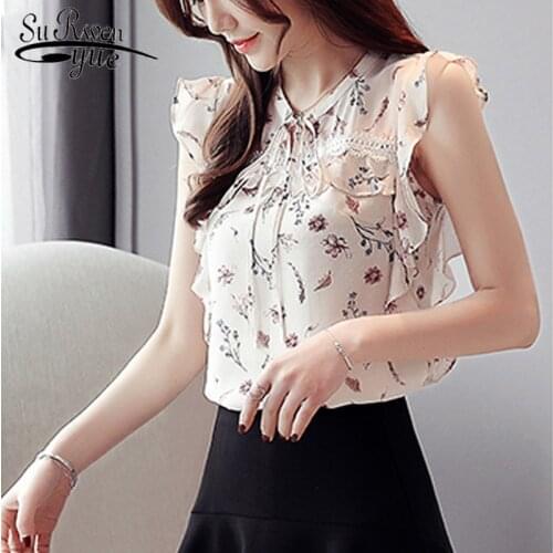 2021 Summer New Women Tops and Blouses Casual Chiffon Floral Women Blouse Printing Bow Office Lady Shirt Camisas Mujer 8625 50