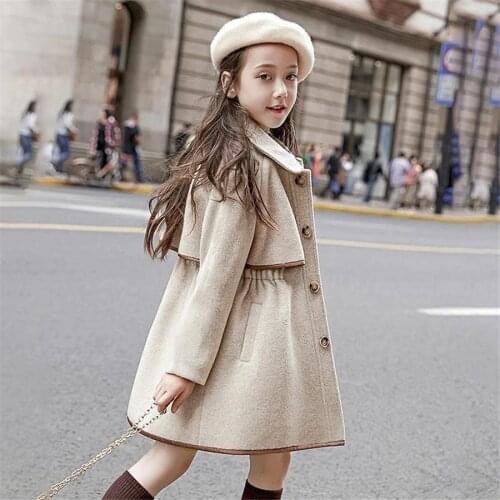2020 big Girls fashion Woolen jacket buttons pockets thick warm winter Coats Jackets Kids childrens clothing Overcoat