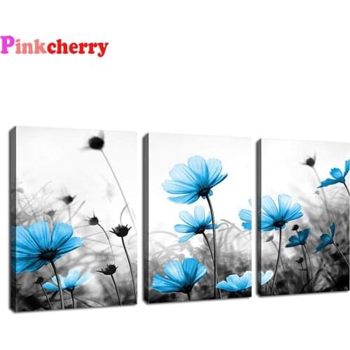 5D Diy Diamond Painting 3 pcs Teal Blue Wildflowers Black and White Triptych Diamond Embroidery Mosaic Full Square Round Drill