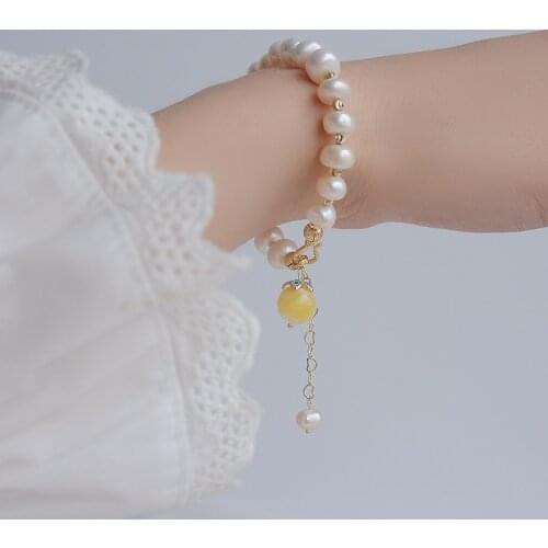 French Style Vintage Natural Baroque Pearl Bracelet 14K Gold Plated Persimmon Pendant Cuff Bracelet For Women Anniversary Gift