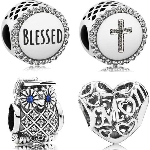Openwork Mother Love Heart Graduate Owl Faith & Cross Blessed Beads Fit Europe Bracelet 925 Sterling Silver Charm DIY Jewelry