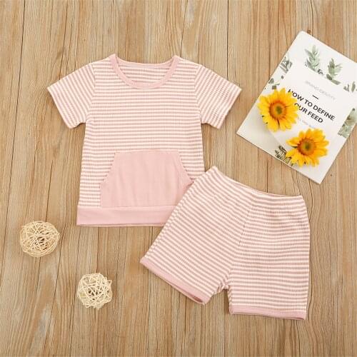 2 Pieces Kids Suit Set Striped O-Neck Short Sleeve T-Shirt with Big Pocket+ Short Pants for Boys Girls
