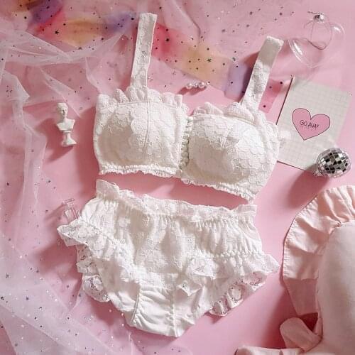 Japanese underwear Lolita luxurious retro lace fairy white button without steel ring bra suit with big chest and small bra GZ-T5