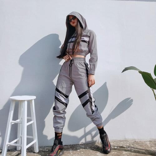 XUANCOOL Fashion Reflective Tracksuit Women Crop Tops Hoodies&Long Pants 2 Piece Set Contrast Color Jogger Pants Sets Clothes