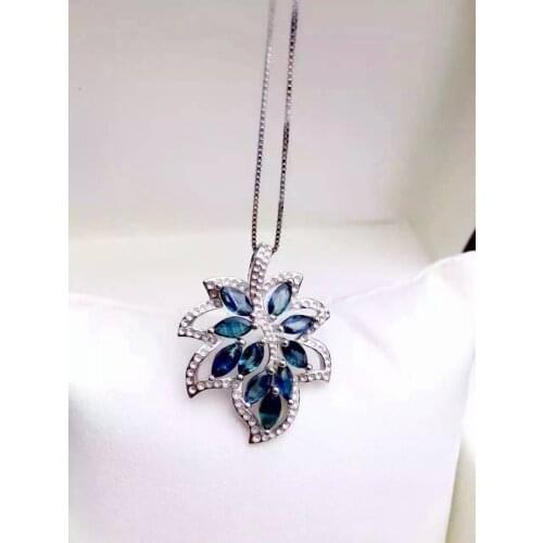 Natural blue sapphire pendant S925 silver Natural gemstone Pendant Necklace trendy Elegant Clover Leaves women party jewelry
