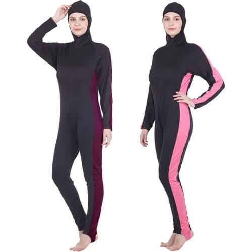Muslim Swimwear Wetsuit For Women Contast Color One Piece Swimsuit Jumsuit Black Long Sleeve Bathing suit MUslim Fashion Modest