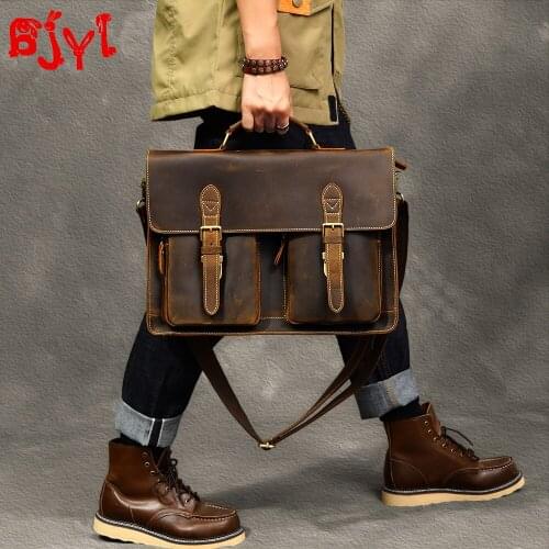 Genuine Leather Mens Handbag Men Laptop Briefcase Male Shoulder Messenger Bag Large Capacity Travel Bags Crazy Horse Leather Tc