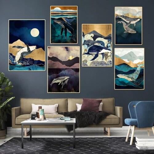 Abstract Mountain Cloud Sea Whale Wall Art Posters Nordic Oil Paintings on Canvas Prints Animals Pictures for Living Room Decor