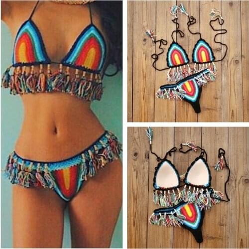 2020 New handmade crochet bikini sets sexy women knitted Rainbow Tube swimwear bathing suit swimwear