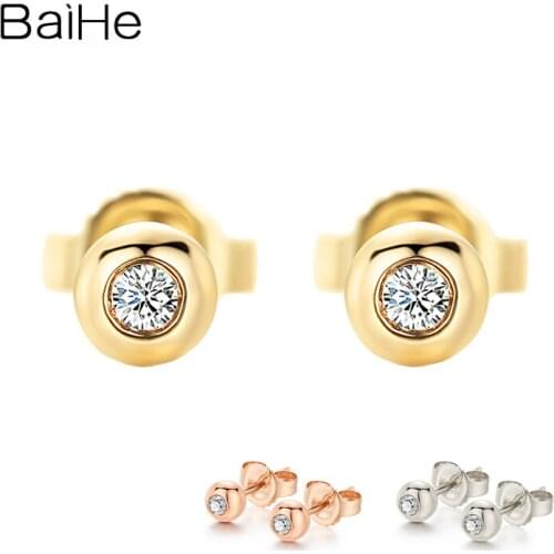 BAIHE Solid 18k Yellow Gold H/SI Natural Diamond Wedding Trendy Fine Jewelry Women Gift Ball Round Diamond Stud Earrings Cерьги