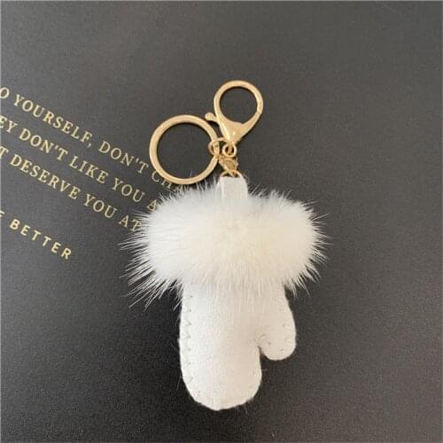 Fluffy Keychains for Women Gloves Real Shearling Lamb Fur Mitten with Genuine Mink Fur Trim Key Ring Cute Bag Pendant