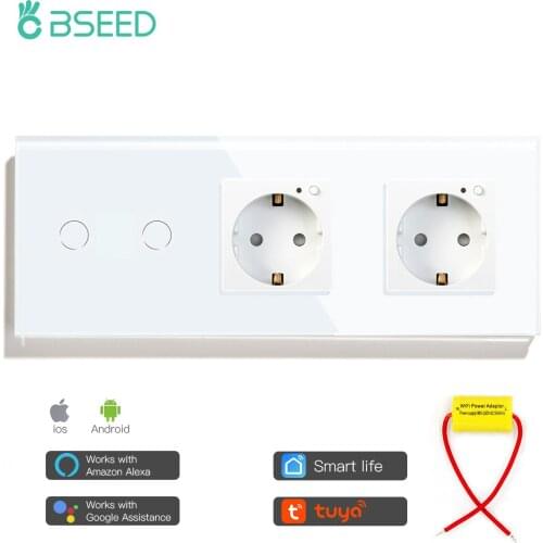 Bseed Wifi 2 Gang Single Live Touch Switch EU Standard Double Socket Work With Tuya Google Smart Home Crystal Glass Panel 228mm