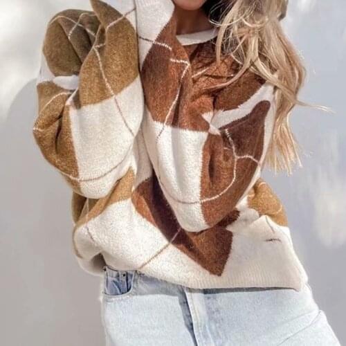 2021 Autumn Vintage Oversize Contrast color Plaid Jacquard Sweater Sexy Round Collar Long Sleeve Loose Jumper Casual Knitwear