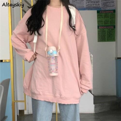 Hoodies Women Harajuku Orange Chic Teens Oversized Hoodie High Street Simple Solid O-neck Lovely Korean Womens Sweatshirts New