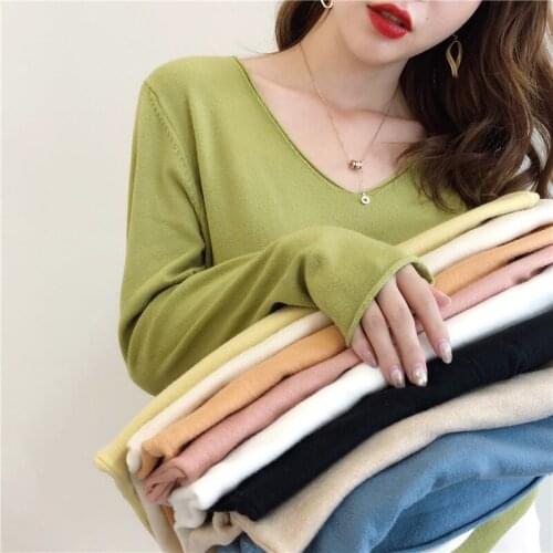 Thin Knitted T Shirt Full Sleeve Ice Silk Shirt Women Autumn Solid Casual T-Shirt Female Tee V Neck Female Comfort Tops Long