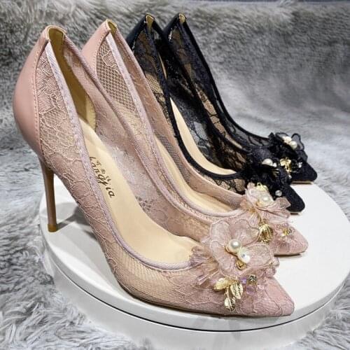 Casual Designer sexy lady fashion women shoes Black lace pointy toe stiletto stripper High heels Prom Evening pumps large si