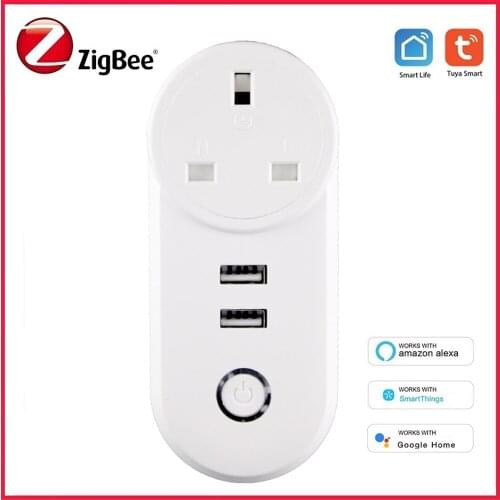 UK Zigbee Smart Socket 16A 2 USB Plug Remote Control Outlet For Tuya Smart Life APP Support Alexa Echo SmartThings Google Home