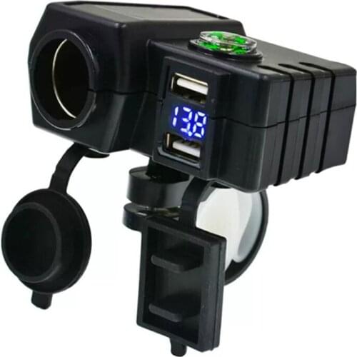 Universal 4 in 1 Motorcycle Socket Charger GPS Phone Dual USB 2.1A & 2.1A Power+LED Digital Voltage Voltmeter+Switch + Compass