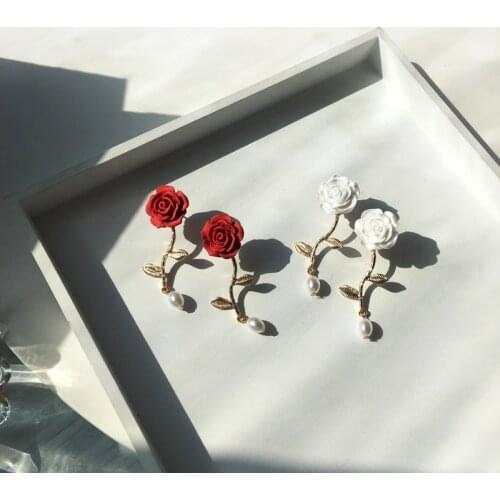 Girls Red Rose Imitation Pearls Cute Earrings Fairy Vintage Dangle Earrings