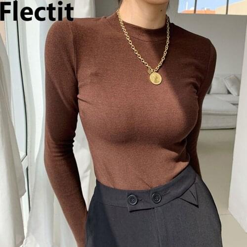 Flectit Womens Basic Tops O-Neck Skinny Fit Long Sleeve Shirt Stretch Cotton Simple Casual Outfit