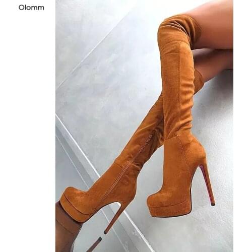 Olomm New Women Platform Over The Knee Boots Sexy Stiletto High Heels Boots Round Toe Khaki Party Shoes Women Plus US Size 5-15