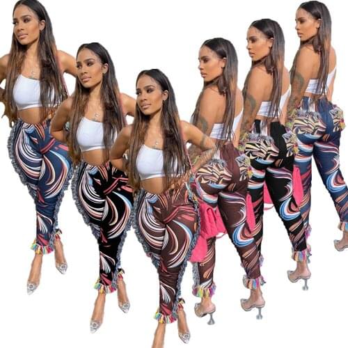 RStylish 2021 Women Summer Clothing Side Tassels Patchwork Striped Print Sweat Pants Sleeveless Crop Top 2 Piece Set