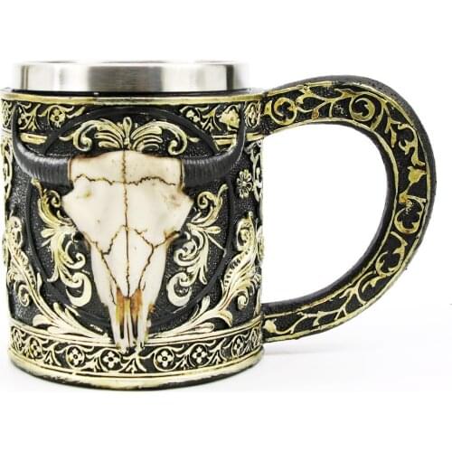 1Piece Wild Bison Skull Mug Resin 3D Bison Skull Tankard Cup With Stainless Steel Rim Personlity Office Coffee Mug