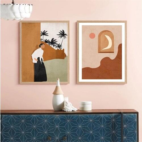 Abstract Fashion Girl Figure Wall Art Canvas Painting Moon Tree Mountain Landscape Poster And Print Sun Boho Pictures Home Decor