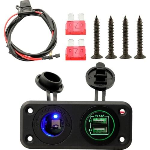 Car Charger 12V/24V Waterproof Dual USB Fast Charger Socket Power Outlet for Marine, Boat, Motorcycle, Truck, Green Lights Color