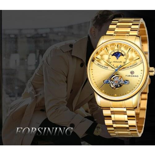Forsining Mens Watches Fashion Tourbillon Moon Phase Clock Waterproof Steel Band Automatic Mechanical Man Watch Relogio Masculi