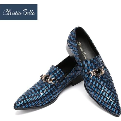 Christia Bella Genuine Leather Men Dress Shoes Luxury Mens Business Shoes Classic Gentleman Blue Wedding Shoes Big Size 38-47