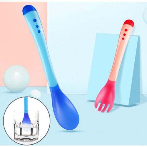 Baby silicone temperature sensing soft spoon fork, safe silicone feeding tableware baby feeding utensils feeding spoon tableware