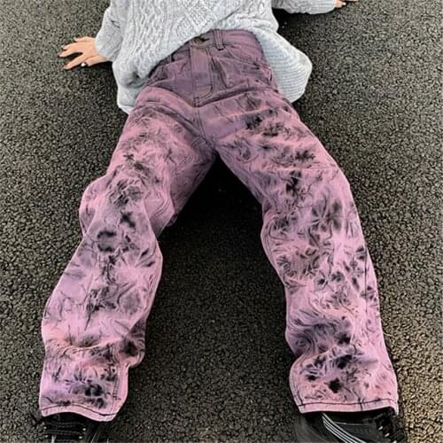 5XL Jeans Womens Spring Autumn New Loose Purple Tie-dye Buttons Zipper High Waist Commuter Slim Denim Straight Trousers ZM158