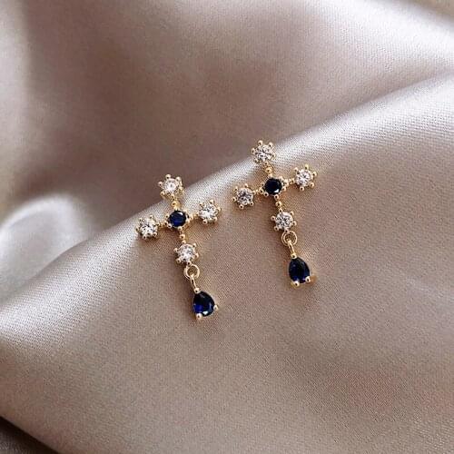 Dainty Bridal Cross Zirconia Wedding Earrings Luxury Female Blue White Crystal Earrings Charm Gold Color Stud Earrings For Women