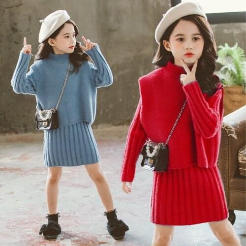 Girls Clothing set 2021 Autumn Warm Thicken Knitted Sweater Dress Set Children Costume 6 8 10 12 Years Kids Girls Winter Clothes