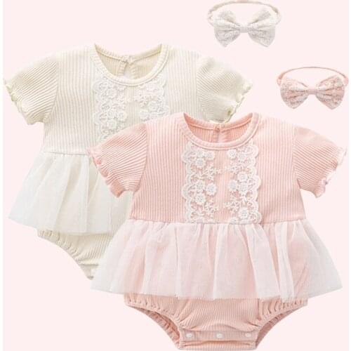 Summer Baby Girl Clothes 100% Cotton Bodysuit+Cap 2Pcs Infant Newborn Baptism Birthday 0-12M Baby Girl Clothing Outfits Summer