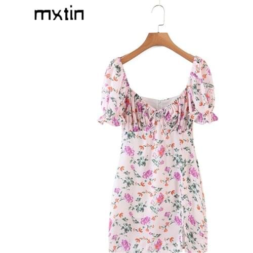 MXTIN 2021 Women Summer Vintage Floral Print Chiffon Mini Dress Fashion V Neck Puff Sleeve Split Party Female Dresses Vestidos