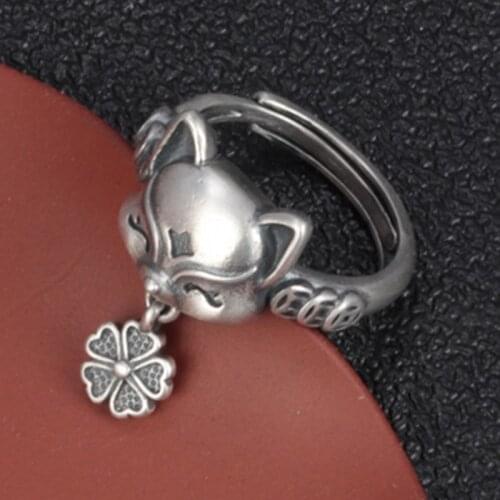 BOCAI New Real pure s925 silver jewelry coin fox ring retro open personality fashion woman ring