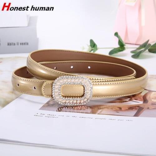 New Designer Thin Belts For Women High Quality Luxury Fashion Pearl Smooth Buckle Genuine Leather Waist Belt Female Dress Girdle