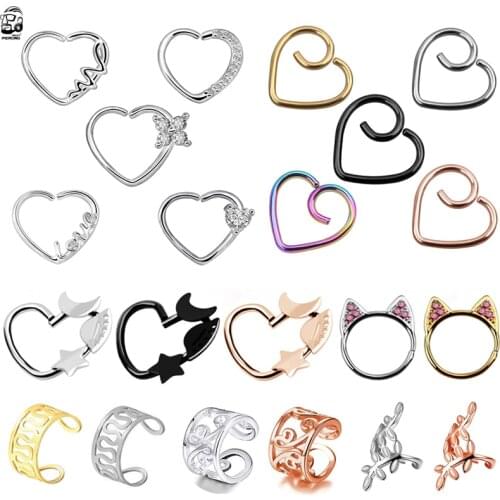 Heart Shape Earrings Steel Nose Lip Tragus Piercing Labret Hoop Rings Body Pircings Nariz Helix Daith Jewelry Fake Ear Clips-on
