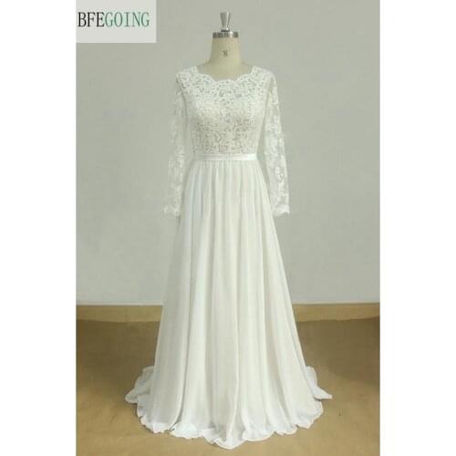 Ivory Lace Chiffon Long Sleeves Floor-Length A-Line Wedding Dress Bridal Gown Chapel Train Custom Made