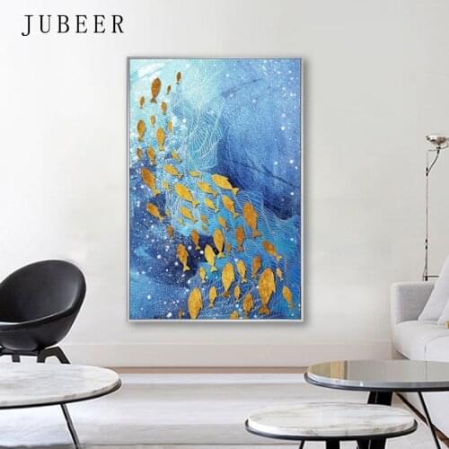 Nordic Style Blue Oil Painting Gold Foil Fish Sea Abstract Decorative Painting for Living Room Poster and Prints Home Decor