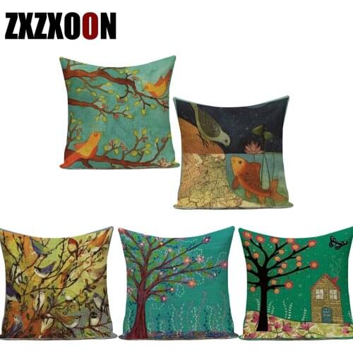 Cute Cartoon Oil Painting Trees Plant Birds Polyester Pillow Cushion Cover Case Cojines Decorativos Para Sofa Pillowcase