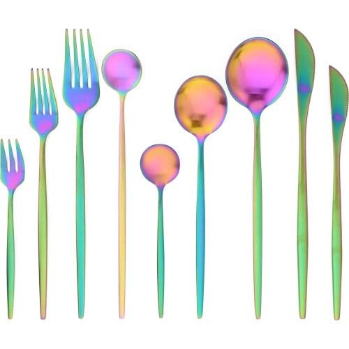 JANKNG Rainbow Cutlery Set Stainless Steel Flatware Set Golden Dinnerware Set Knives Fork Spoon Silverware Cutlery Set Tableware