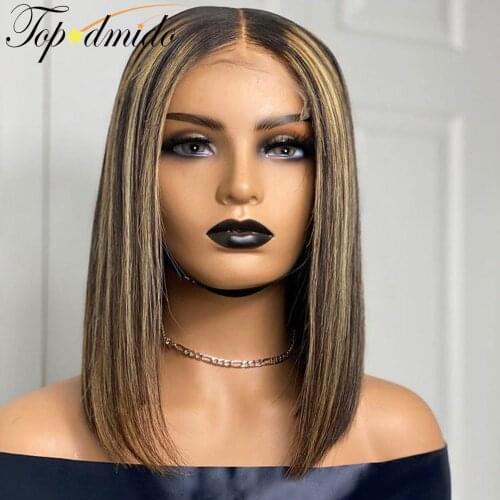 TOPODMIDO Highlight Color Transparent Lace Front Bob Wigs With Natural Hairline Peruvian Short Bob Human Hair Wig With Baby Hair