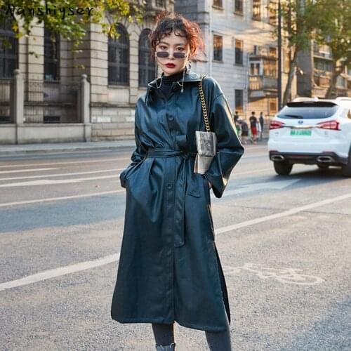 Women Long Faux leather Motorcycle Windbreaker jacket With belt Plus size Streetwear Female Outwear Jaqueta de couro Autumn New