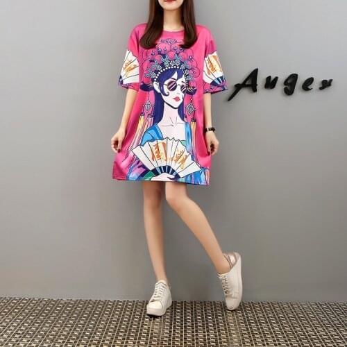 Chinese Style Street Fashion Brand Oversize T-shirts Summer Retro Print Womens Tees Short-Sleeved Loose Mid-Length T-shirt Tops