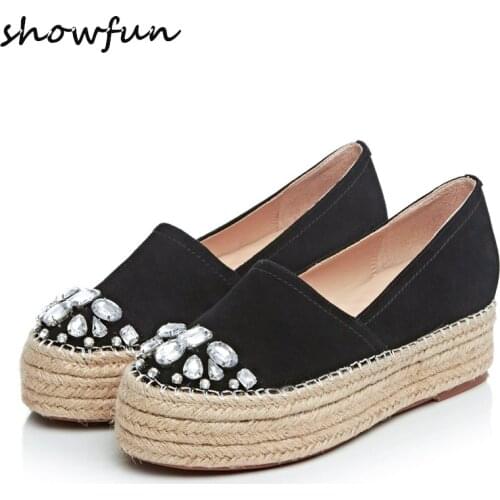 Womens Platform Flats Loafers Slip-on Genuine Leather Leisure Moccasins Espadrilles Brand Designer Rhinestone Shoes for Women